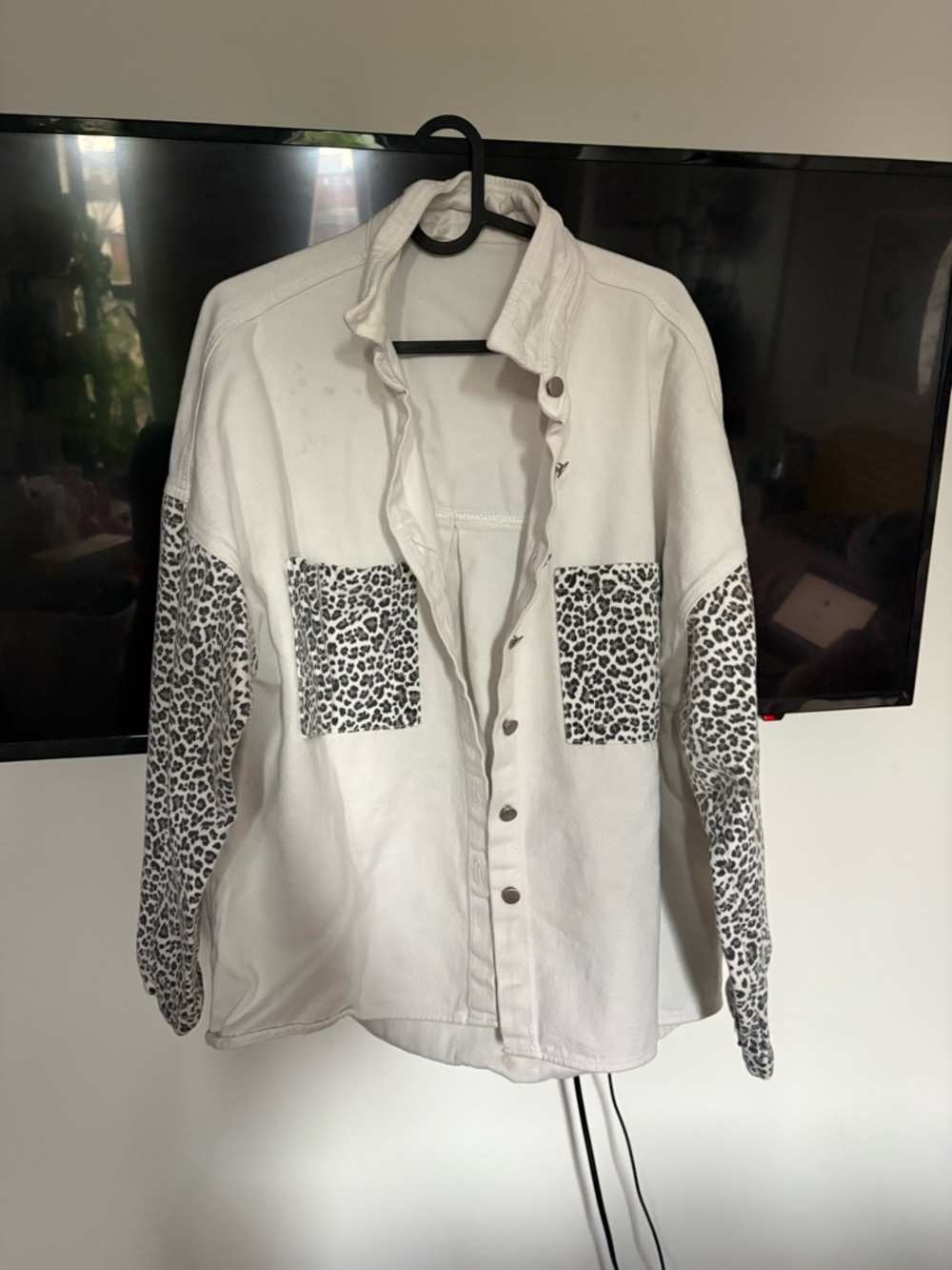 White Button-Up Jacket with Black Leopard Panels